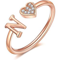 Letter N Регулируемые латунные кольца из манжеты из горного хрусталя, письмо и сердце, розовое золото , Письмо N, внутренний диаметр: 15~20 мм