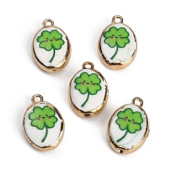 Green Printed Handmade Porcelain with Brass Pendants, Oval with Clover Charms, Golden, Green, 25.5~26x17.5x7.5mm, Hole: 2.5mm