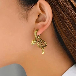 Antique Golden Alloy Front Back Stud Earrings, Snake Shape, Antique Golden, 31mm