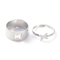 Platinum Alloy Adjustable Rings Set, Couple Rings, Butterfly, Platinum, 2~9mm, Inner Diameter: 17~18mm, 2pcs/set