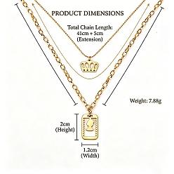 Golden 304 Stainless Steel Crown Rectangle Pendant Double Layer Necklaces, Golden, 16.14 inch(41cm)