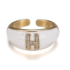 Letter H Brass Micro Pave Clear Cubic Zirconia Cuff Rings, Open Rings, with Enamel, Cadmium Free & Lead Free, Golden, Letter.H, US Size 7 1/4, Inner Diameter: 17.6mm