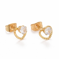 Золотой Сердце 304 серьги-гвоздики из нержавеющей стали, с 316 штифтом из нержавеющей стали и стеклом, имитирующим кубический цирконий, золотые, 7x7.5 мм, штифты : 0.7 мм
