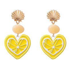 Golden Alloy Stud Earrings, Heart Lemon Shape, Enamel Resin Dangle Earrings for Women, Golden, 65x34mm
