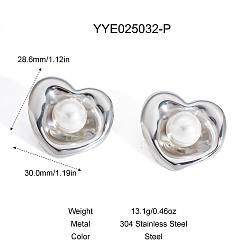 Нержавеющая Сталь Цвет Серьги-гвоздики из нержавеющей стали в форме сердца, с пластиковой имитацией жемчуга, цвет нержавеющей стали, 28.6x30 мм