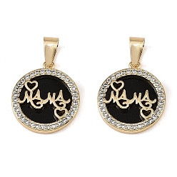 Real 18K Gold Plated Mother's Day Brass Micro Pave Clear Cubic Zirconia Pendants, with Black Acrylic, Flat Round with Word Mama Charms, Real 18K Gold Plated, 20x17x3mm, Hole: 6x3mm