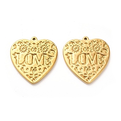 Настоящее золото 18K 304 подвески из нержавеющей стали, сердце со словом "love", ионное покрытие (ip), реальный 18 k позолоченный, 40.5x39x3 мм, отверстие : 1.8 мм