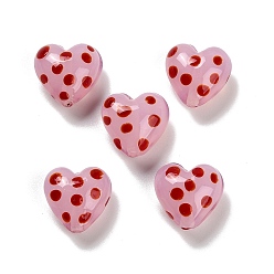 Pink Эмалевые бусины ручной работы в технике лэмпворк, бусины ручной работы, сердце в горошек, розовые, 14x15x9 мм, отверстие : 1.6 мм
