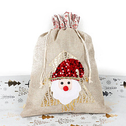 Linen Christmas Jute Printed Drawstring Bags, Rectangle Candy Storage Supplies, Linen, 40x30cm