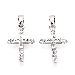 Платина Латунные микропаве прозрачные подвески с фианитом, крест прелести, платина, 18x12.5x1.5 мм, отверстие : 4.5x2 мм