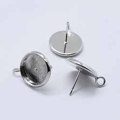 Платина Латунь настройки серьга, с петлей, плоско-круглые, платина, лоток : 12 мм, 17~18x14 мм, отверстия: 2 мм, штифты: 0.8 мм