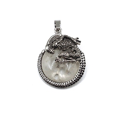 Quartz Crystal Natural Quartz Crystal Pendants, with Antique Silver Alloy Finding, Flat Round with Skull Charms, 40x35mm