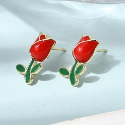 Красный Серьги-гвоздики из латуни с цветком, стойки покрытие, долговечный, без свинца и без кадмия, реальный 18 k позолоченный, красные, 16.5x9.5 мм