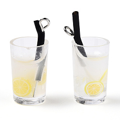 Светло-желтый Пластиковые подвески с имитацией напитков, Подвески из стекла для сока со смолой внутри и железными петлями с платиновым покрытием, светло-желтый, 26~30x13~15x11 мм, отверстие : 1.8 мм