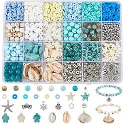 Argent Antique & Platine Kits de bricolage sur le thème de l'océan, y compris les billes d'argile polymère, perles acryliques et pendentifs, perles de turquoise synthétiques, Perles en laiton, des perles en plastique, pendentifs et bélières en alliage, sauts de cuivres, argent antique et platine, 6x1mm, Trou: 2mm