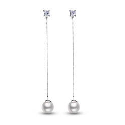 Seashell Color Chic Rhodium Plated 925 Sterling Silver Dangle Ear Threads, with AAA Cubic Zirconia and Shell Pearl, Seashell Color, 175mm, Pin: 0.7mm