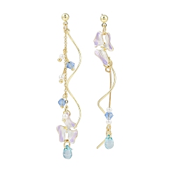 Цветок Асимметричные серьги-гвоздики из золотистого сплава с эмалью, Женские серьги-подвески с искусственным жемчугом и стразами, цветок, 76x11 мм