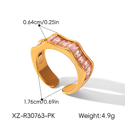Pink 304 Stainless Steel Cubic Zirconia Cuff Open Rings, Wave, Golden, Pink, Inner Diameter: 17.6mm