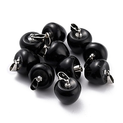 Obsidian Natural Obsidian Pendants, with Platinum Brass Loops, Apple, 14~15x14x14mm, Hole: 6x3mm