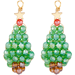 Зеленый лайм 12 шт. Подвески из гальванического стекла, Рождественские елки, с медной проволокой, граненые, реальный 18 k позолоченный, зеленый лайм, 39x18x9.5 мм, отверстие : 2 мм