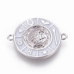 Платина Соединители латунные эмалевые звенья, с микро проложить кубического циркония, плоские круглые с луной, белые, платина, 18x23x2.5 мм, отверстие : 1.5 мм