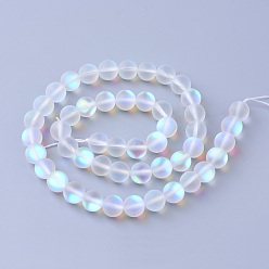 Clear Synthetic Moonstone Beads Strands, Holographic Beads, Dyed, Frosted, Round, Clear, 12mm, Hole: 1mm, about 30~32pcs/strand, 14~15 inch