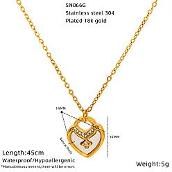 Heart 304 Stainless Steel Pave Clear Cubic Zirconia Pendant Necklaces with Natural White Shell for Women, Real 18K Gold Plated, Heart, 17.72 inch(45cm), Pendant: 16mm