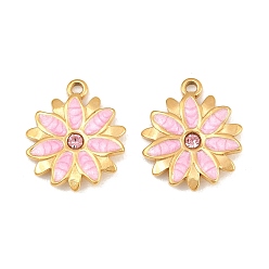 Pink 304 Stainless Steel Enamel Pendants, Flower Charms, with Rhinestone, Ion Plating(IP), Real 18K Gold Plated, Pink, 16.5x14x1.5mm, Hole: 1.5mm