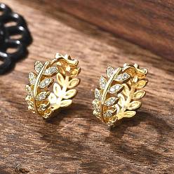 Настоящее золото 18K Прозрачные серьги-кольца с листьями кубического циркония, украшения из латуни для женщин, реальный 18 k позолоченный, 14x5.5 мм, штифты : 0.8 мм
