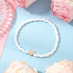 Белый Эластичные браслеты из стеклянных бусин для женщин, с бусинами из синтетического гематита в форме сердца, белые, внутренний диаметр: 3-3/8 дюйм (8.5 см)