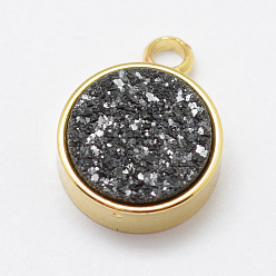 Серый Гальванизированные природные друживые агатовые прелести, с латунной фурнитурой , плоско-круглые, золотые, серые, 12x9x4 мм, отверстие : 2 мм