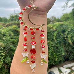 Красный Стеклянная подвеска в форме капли, с подвеской из смолы в виде цветка в виде грибовидного листа и подвеской в виде луны из латуни, для украшения внутреннего зеркала автомобиля, красные, 250 мм