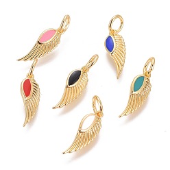 Mixed Color Brass Pendants, with Enamel, Wing, Golden, Mixed Color, 22x6x1.5mm, Hole: 4mm