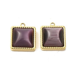 Purple 304 Stainless Steel Charms, with Cat Eye, Saqure Charms, Real 14K Gold Plated, Purple, 14.5x12x5.3mm, Hole: 1.4mm