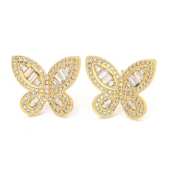 Real 18K Gold Plated Rack Plating Brass Pave Clear Cubic Zirconia Stud Earring Finding, Cadmium Free & Lead Free, Long-Lasting Plated, Butterfly, Real 18K Gold Plated, 18x21mm