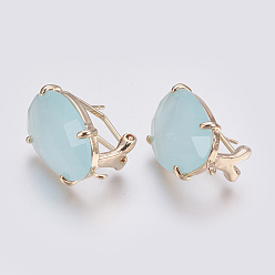 Небесно-голубой Серьги из граненого стекла, с петлей, латунные выводы, овальные, голубой, 20x15.5x6~6.5 мм, отверстия: 1.2 мм, штифты: 0.7 мм