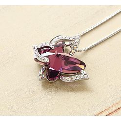 Фуксиновый Бабочка латунный паве стеклянный камень ожерелья с подвеской, платина, красно-фиолетовые, 17.72 дюйм (45 см)