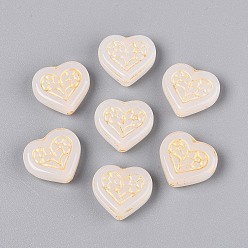 Желтая Старая Ткань  Стеклянные бусины, сердце, золотой металл обвитыми, старое кружево, 15.5x17x6 мм, отверстие : 1.2 мм