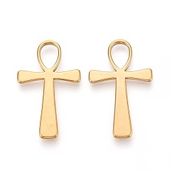Настоящее золото 18K 304 подвески из нержавеющей стали, анкх крест очарование, ионное покрытие (ip), реальный 18 k позолоченный, 42x25.5x3 мм, отверстие : 7x11 мм