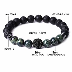 Смешанные камни Браслеты из круглых бусин для мужчин и женщин из натуральной риолитовой яшмы, лавового камня и кубического циркония., с синтетическим немагнитным гематитом, 7-3/8 дюйм (18.6 см)