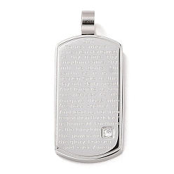 Stainless Steel Color 304 Stainless Steel Pendants, with Clear Micro Pave Cubic Zirconia, Rectangle with Word, Stainless Steel Color, 36x16x6mm, Hole: 5mm