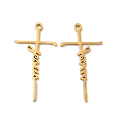 Настоящее золото 18K Ионное покрытие (ip) 304 подвески из нержавеющей стали, крест со словом Иисус очарование, реальный 18 k позолоченный, 39.5x20x1.5 мм, отверстие : 2 мм