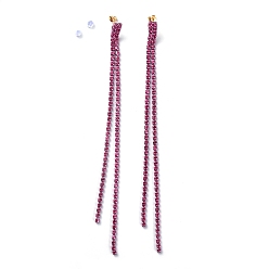 Fuchsia Tassel Earrings, with Brass Rhinestone Cup Chain, Golden Plated Brass Stud Earring Findings, Brass/Plastic Ear Nuts and Cardboard Packing Box, Fuchsia, 165mm, Pin: 0.7mm