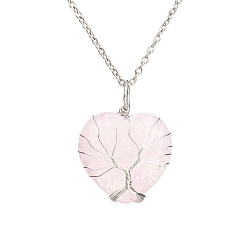 Rose Quartz Natural Rose Quartz Heart Pendant Necklaces, Platinum Copper Wire Wrap Necklace, 20.47 inch(52cm)