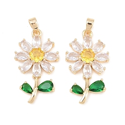 Real 18K Gold Plated Brass Micro Pave Colorful Cubic Zirconia Pendants, Sunflower Charms, Real 18K Gold Plated, 27.5x15.5x4.5mm, Hole: 5x3mm