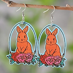 Коралловый Пасхальные деревянные серьги-подвески, кролик с цветком, платина, коралл, 70x37 мм