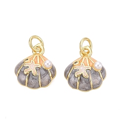 Темно-Серый Латунь эмаль прелести, с имитацией жемчуга из АБС-пластика и прозрачными кубическими циркониями., подвески в форме ракушек, золотые, темно-серый, 14x12x4.5 мм, отверстие : 3 мм, Перейти кольцо: 5x0.8 мм, внутренний диаметр: 3 мм