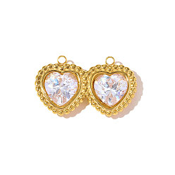 Настоящее золото 18K 304 подвески из нержавеющей стали с кубическим цирконием, сердце прелести, ионное покрытие (ip), зеркальная полировка, реальный 18 k позолоченный, 25x15 мм, отверстие: 2 мм