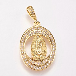Golden Brass Micro Pave Cubic Zirconia Pendants, Oval with Virgin Mary, Clear, Golden, 22.5x16.5x3mm, Hole: 2x4mm