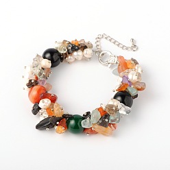 Mixed Stone Natural Gemstone Chips Bracelets, with Pearl Beads, Alloy Lobster Claw Clasps and Iron End Chains, Mixed Stone, 190x14mm